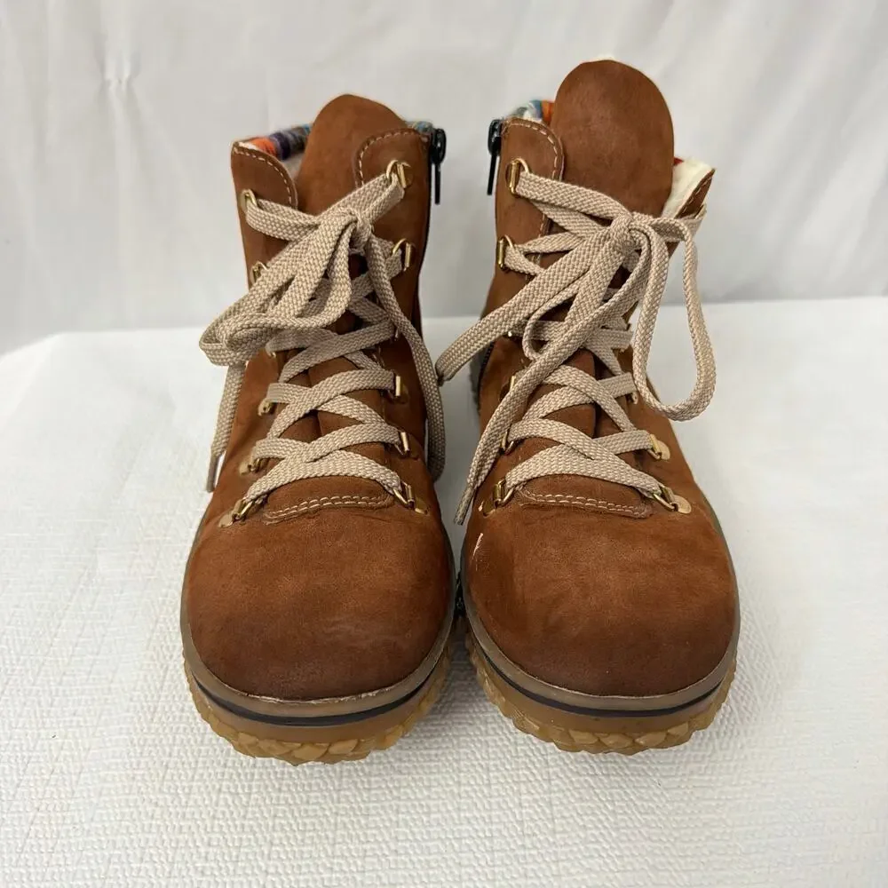 Rieker Boots Womens 8 Cordula Mid Faux Leather Brown Lined Side Zip Lace Up 39
